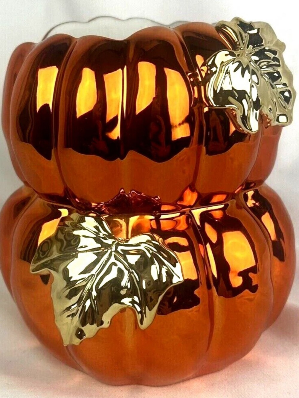 Bath Body Works Metallic Orange Pumpkin Accent with Gold Leaves Fall Soap Holder